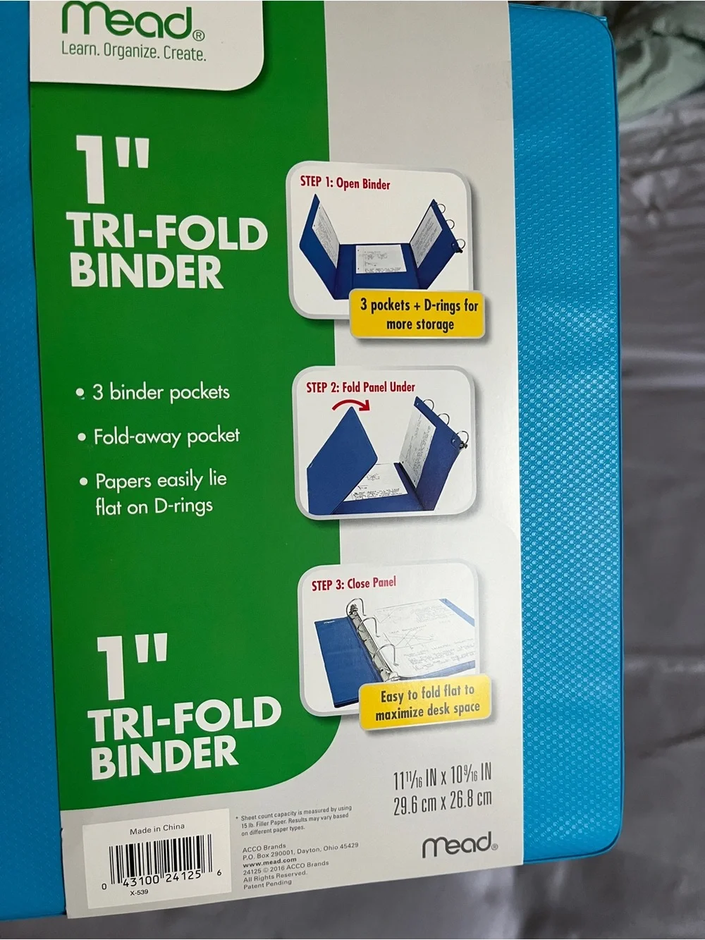 Mead Blue 1 Inch Tri-Fold 3 Ring Binder D-Rings 225 Sheet Capacity New